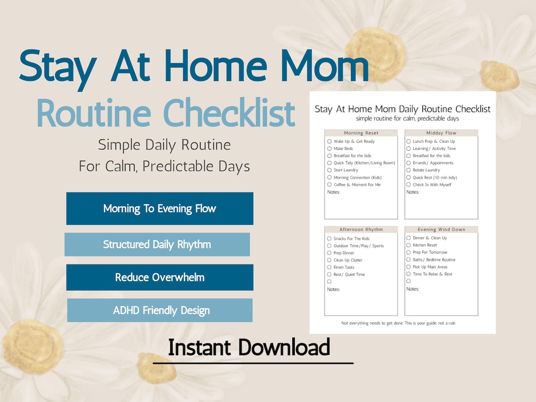 Stay at Home Mom Daily Routine Checklist Printable | ADHD Friendly Low ...