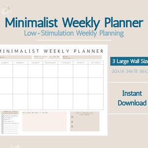 May include: A minimalist weekly planner with a clean design. The planner includes sections for each day of the week, with space for morning, afternoon, and evening scheduling. The text "Minimalist Weekly Planner" is at the top.