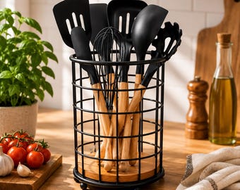 Porte-ustensiles de cuisine noir avec base en bois | Organisateur de cuisine en métal | Pot à ustensiles de comptoir | Rangement de cuisine moderne | Décoration de cuisine