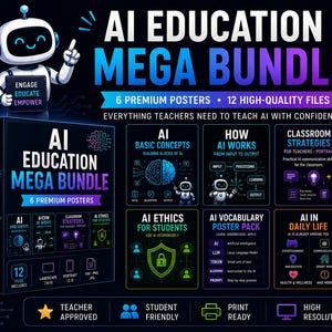 May include: An AI Education Mega Bundle digital product display featuring a white robot character, the text AI EDUCATION MEGA BUNDLE, and six educational poster categories including AI Basic Concepts, How AI Works, Classroom Strategies, and AI Ethics.