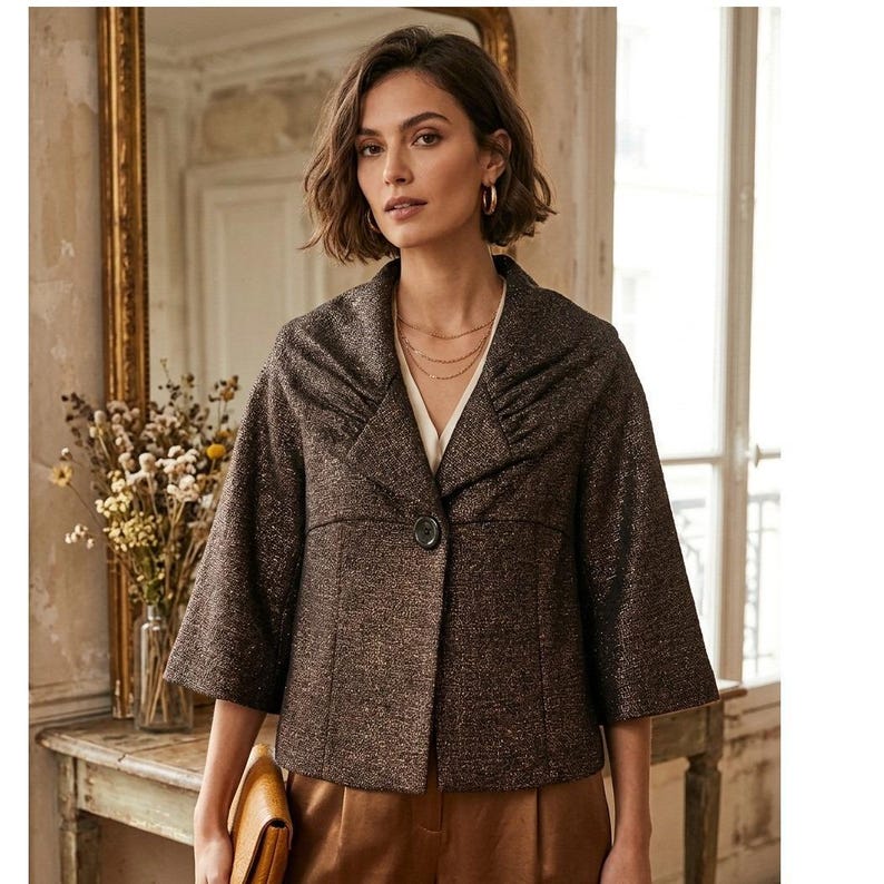 Anthropologie -Beth Bowley Vintage Bronze Metallic Wool Jacket Portrait Collar 8 image 1