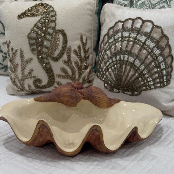 Vintage 1991 Terraforma USA Large Ceramic Clam Shell Bowl Coastal Decor 16"