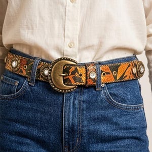 Vintage LeatherRock Rhinestone Southwestern Orange Belt Buckle Womens Large Buy Womens Jeans Western Belt With Rhinestone Buckle - Capo main image 3