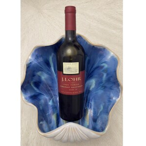 Vintage Ceramic Clam Shell Decorative Bowl Blue Drip Glaze Coastal Nautical