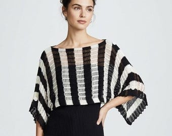 Vintage Kokomo Black White Striped Open Knit Layered Poncho Sweater M