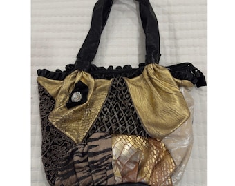 Renato Angi Venezia Italian Leather Patchwork Shoulder Bag Gold Black Metallic