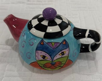 Vintage Savile Row Whimsical Cat Ceramic Teapot Hand Painted Multicolor