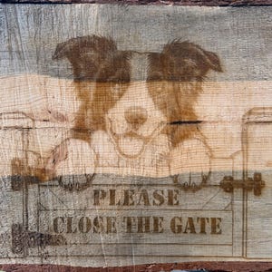 Handgefertigtes Holzschild mit Border Collie-Motiv: „Bitte Tor schließen“