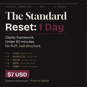 May include: A digital download titled "The Standard Reset: 1 Day" on a dark background. The text includes "Clarity framework. Under 90 minutes. No fluff. Just structure." and a list of action steps. The price is $7 USD.