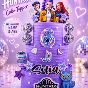 May include: A three-tier purple frosted cake decorated with Huntrix cake toppers including three stylized characters, a large iridescent number 6, a soda can graphic, a musical note, a blue cat, and a name plate reading Sofia.