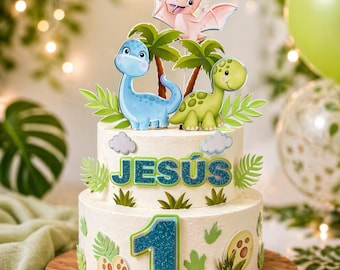 Baby Dinosaur Cake Topper – Personalized Dino Birthday Party Decoration – Custom Name & Age