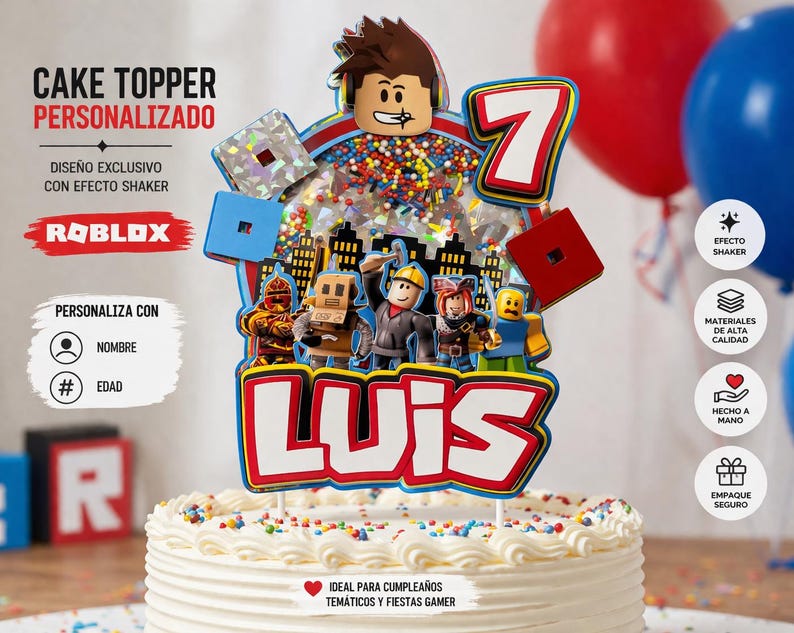 May include: A personalized Roblox cake topper with the name "LUIS" and the number 7. The topper features Roblox characters, a cityscape, and the text "Cake Topper Personalizado". It is designed with a shaker effect and is suitable for themed birthday parties.