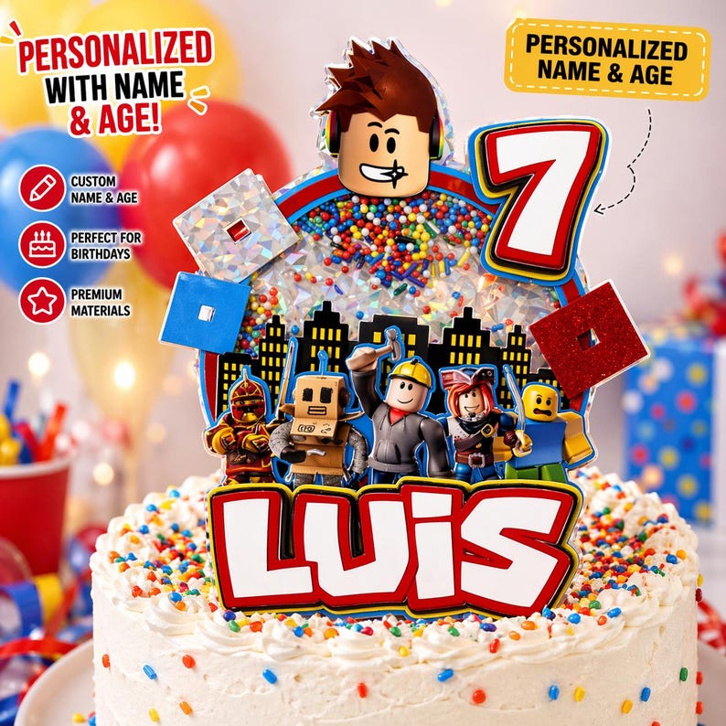 May include: A birthday cake with white frosting and colorful sprinkles, topped with a personalized cake topper. The topper features a cartoon character, the number 7, and the name "LUIS". Text on the topper reads "PERSONALIZED WITH NAME & AGE!"