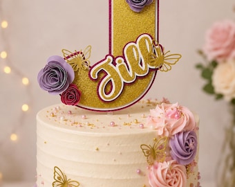 Personalized Letter Cake Topper with Flowers | Custom Initial Birthday Cake Topper | Glitter Floral Cake Decoration | Butterfly Cake Topper