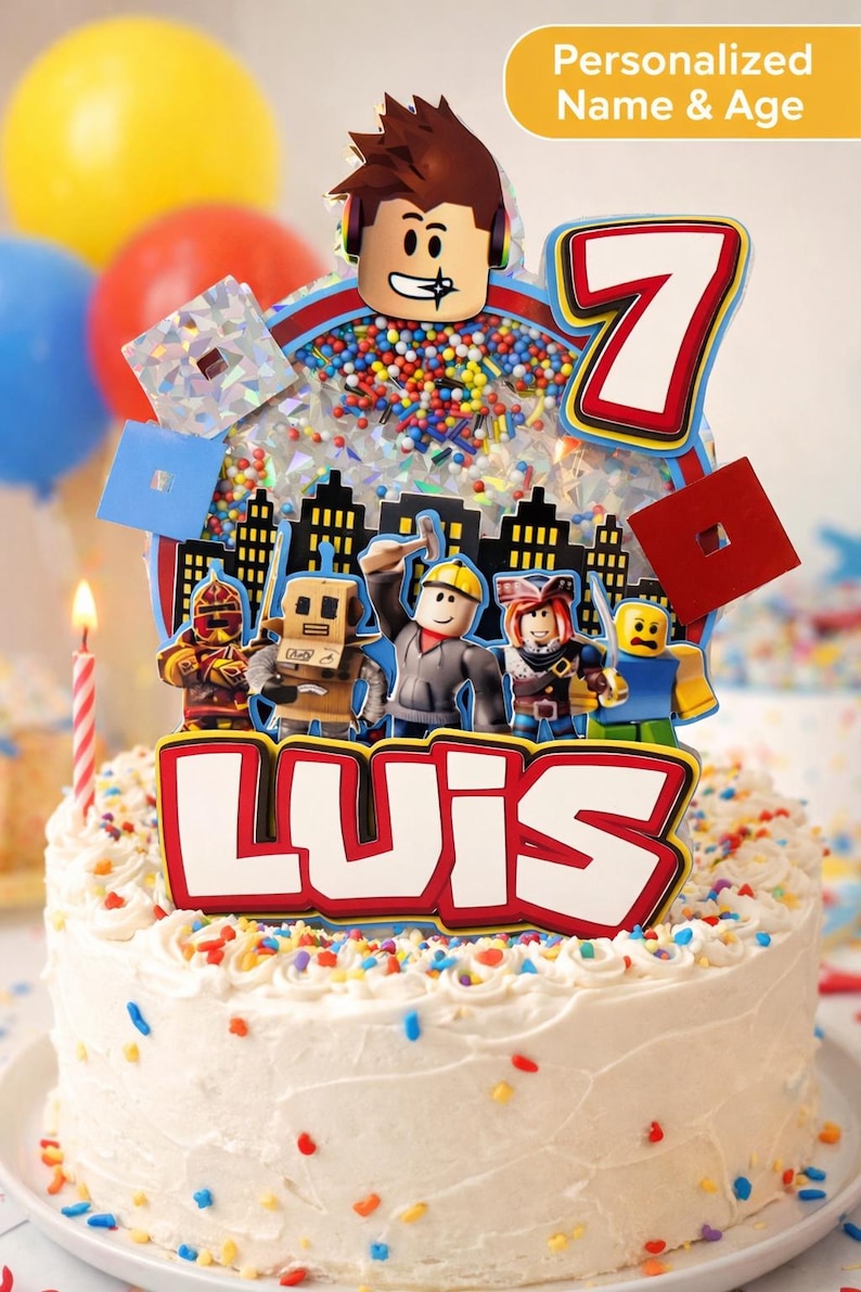 May include: A white frosted cake with colorful sprinkles, topped with a personalized Roblox-themed cake topper. The topper features the name "LUIS", the number "7", and various Roblox character figures. A lit candle and balloons are in the background.