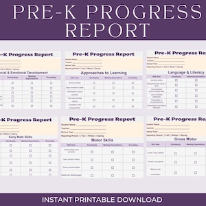 May include: A printable Pre-K Progress Report with sections for Social & Emotional Development, Approaches to Learning, Language & Literacy, Early Math Skills, Motor Skills, and Gross Motor. The report includes the text "INSTANT PRINTABLE DOWNLOAD".