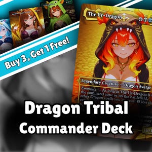 May include: A collection of trading cards featuring anime-style character illustrations, including a prominent card titled The Ur-Dragon. The cards display vibrant colours, fantasy artwork, and text details. The text Dragon Tribal Commander Deck is visible.