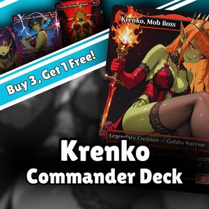 Peut inclure: Une collection de cartes à collectionner présentant des illustrations de style anime d'un personnage à la peau verte et aux cheveux orange, dont la carte Krenko, Mob Boss. Les cartes ont des bordures rouges et noires, avec le texte Buy 3, Get 1 Free!