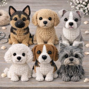 Può includere: Sei figurine di cani all'uncinetto, tra cui un pastore tedesco, un golden retriever e un beagle. I cani sono in posizione seduta, con dettagli precisi e occhi espressivi. La tavolozza dei colori comprende sfumature di marrone, bianco e grigio.