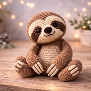 May include: A handmade crochet sloth doll in shades of brown and beige. The plush toy has a smiling face, dark eyes, and cream-colored claws. The sloth is sitting on a wooden surface.