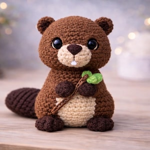 May include: A handmade crochet beaver doll with a brown body, a beige belly, and a dark brown tail. The beaver holds a small twig with green leaves. The doll has large black eyes and a beige snout. The doll is approximately 6 inches tall.
