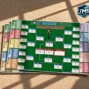 May include: A rectangular 2026 Soccer World Championship tournament bracket poster on a green background. The chart features group stage tables, a knockout stage flow, a central trophy icon, and a red winner box. The text reads 2026 SOCCER WORLD CHAMPIONSHIP.