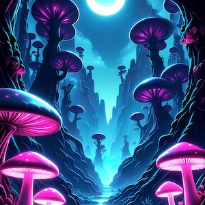 May include: A vibrant digital illustration of a fantasy landscape featuring glowing, oversized mushrooms in shades of pink and purple. The scene includes a bright moon, a flowing river, and dark, silhouetted trees, creating a surreal, otherworldly atmosphere.
