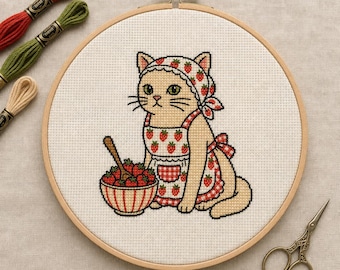 Schema per punto croce "Accogliente cucina con gatto e fragole" / Stile rustico, Kawaii Cottagecore (download PDF)