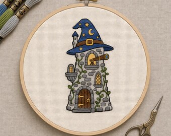 Schema per punto croce della Torre del Mago / Kawaii Cottagecore, Arte Fantasy (Download PDF)