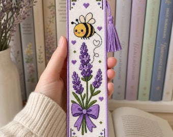 Schema per punto croce a forma di ape e segnalibro alla lavanda / Kawaii Cottagecore, ispirato alla natura (download PDF)