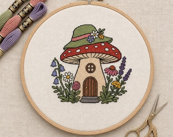 Schema per punto croce Cottagecore con campionario di funghi e fiori selvatici / Kawaii, campionario naturalistico (download PDF)
