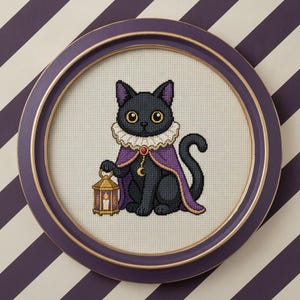 Gothic Black Cat Cross Stitch Pattern | Whimsical Lantern, Ruff Collar (PDF Download)