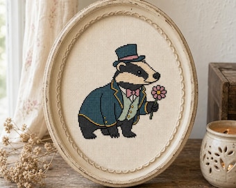 Schema per punto croce di un tasso nobile con un fiore / Kawaii Cottagecore, animale stravagante (download PDF)
