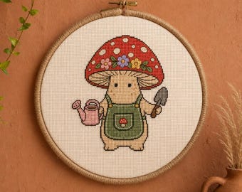 Schema per punto croce "Giardino di funghi stravagante" / Kawaii Cottagecore, Arte naturalistica (Download PDF)