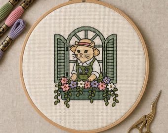 Schema per punto croce con gatto e finestra da giardino / Kawaii Cottagecore, animale floreale (download PDF)