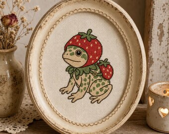 Schema per punto croce con rana e fragola / Giardino Kawaii, Cottagecore (Download PDF)