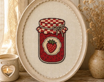 Schema per punto croce con barattolo di marmellata di fragole / Kawaii Cottagecore, marmellata di frutta (download PDF)