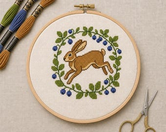 Rabbit Cross Stitch Sampler, Wild Hare With Blueberry Wreath, Spring Cottage PDF Chart