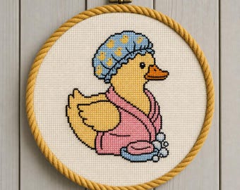 Schema per punto croce di una cuffia da doccia a forma di paperella di gomma / Kawaii Cottagecore, divertente per il bagno (download PDF)