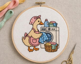 Divertente schema per punto croce con anatra a tema "Giorno del bucato" / Kawaii Cottagecore, umoristico (Download PDF)