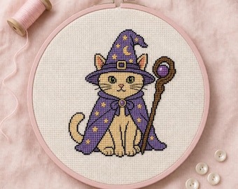 Schema per punto croce di un gatto mago stravagante / Famiglio magico, Kawaii Cottagecore (Download PDF)