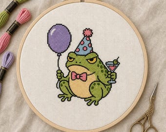 Schema per punto croce di una rana festaiola e scontrosa / Kawaii Cottagecore, animale divertente (download PDF)