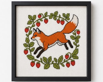 Fuchs Kreuzstichmuster, Wildtier Erdbeere Waldland Stickerei, Cottagecore Muster PDF