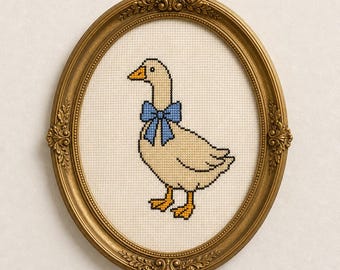 Schema per punto croce di un'oca con fiocco blu / Kawaii Cottagecore, arte animale (download PDF)
