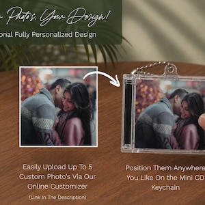 May include: A clear square plastic mini CD keychain featuring a custom photograph of a couple embracing. The keychain includes a metal ball chain attachment at the top. Text on the image reads: Your Photo's, Your Design! Optional Fully Personalized Design.