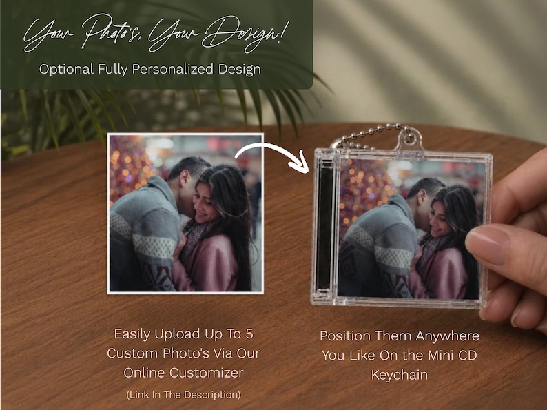 May include: A clear square plastic mini CD keychain featuring a custom photograph of a couple embracing. The keychain includes a metal ball chain attachment at the top. Text on the image reads: Your Photo's, Your Design! Optional Fully Personalized Design.