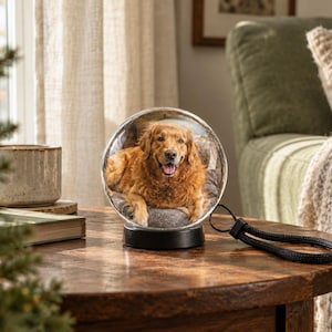 May include: A spherical glass ornament featuring a photographic print of a golden retriever dog resting on a gray surface. The ornament is mounted on a circular black base and includes a black braided cord loop attached to the side for hanging.