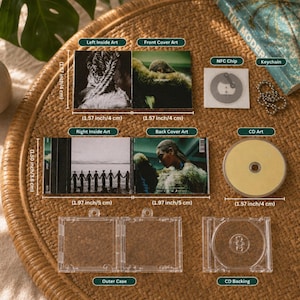 May include: A miniature CD set featuring a clear outer case, a yellow disc, and an NFC chip with a keychain. The set includes printed art panels showing a person and a group of people holding hands, with labels indicating dimensions of 1.57 to 1.97 inches.