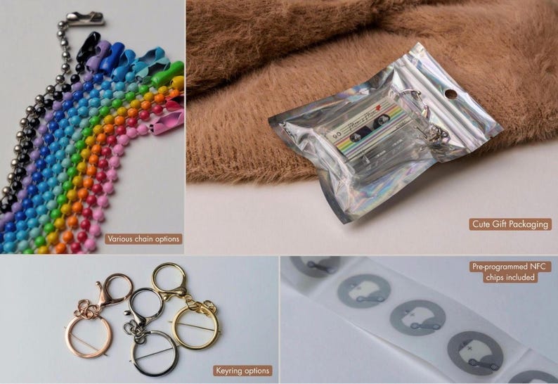 May include: A collection of colorful ball chains, a cassette tape keychain in a holographic pouch, various metal keyring attachments, and a strip of circular NFC chips. The cassette tape features a rainbow stripe design and the text Mixtape.