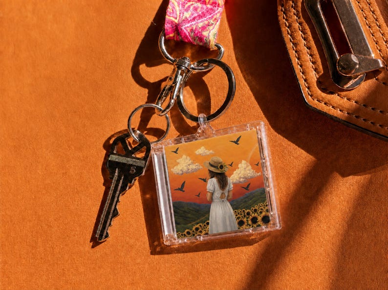 May include: A square clear acrylic keychain featuring an illustration of a person in a white dress and straw hat standing in a sunflower field under a sunset sky with birds, attached to a silver metal keyring and a pink patterned fabric strap.